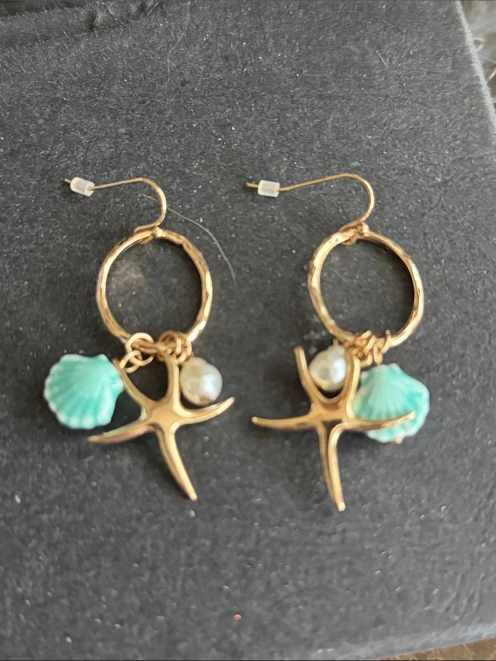 Gold Hoop Earrings with Aqua Shell Charms pearls starfish